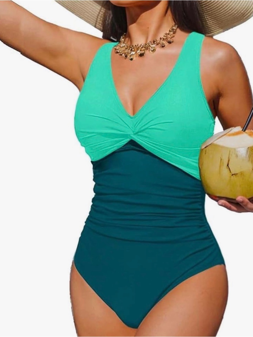 EoMENIE Two-Tone Teal Twist Front One-Piece Swimsuit - Women Swim Sz L